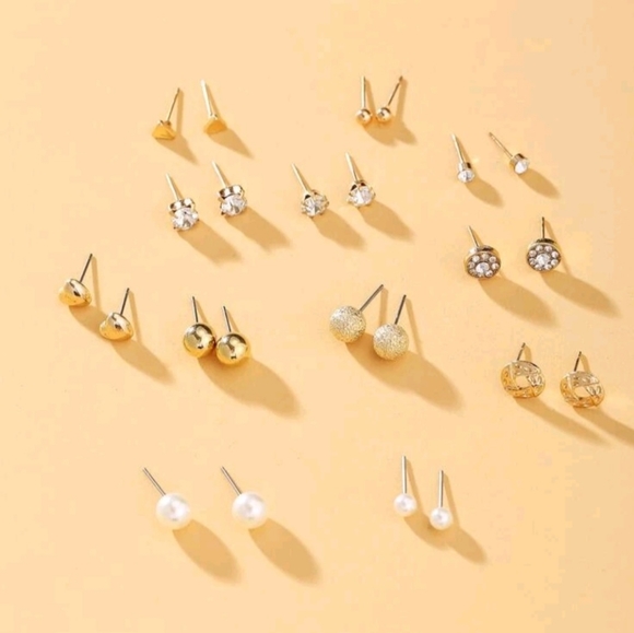 12 Pairs Mixed Shapes Stud Earrings - Picture 2 of 3